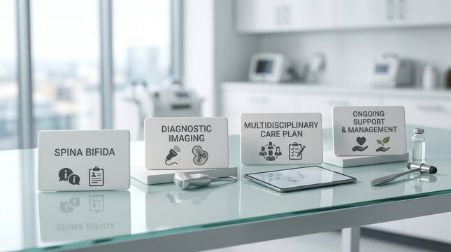 Clinical signage blocks for Spina bifida diagnosis and management in modern healthcare facility on medical tabletop