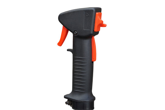 Close-up of a lawn mower brush cutter throttle handle with orange trigger switch isolated on white background. Essential control lever equipment for gardening, lawn care, and landscaping tools.