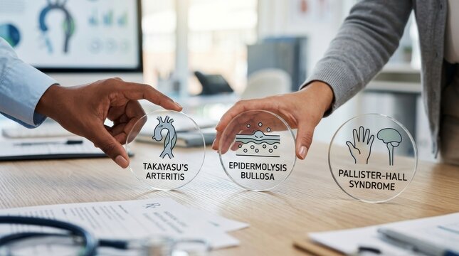 Medical professional hands holding transparent discs with Takayasu arteritis Epidermolysis bullosa and Pallister Hall syndrome labels