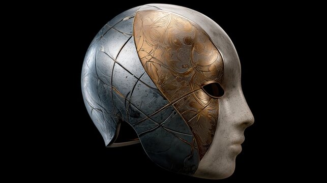 Artistic representation of a surreal mask highlighting intricate details and contrasting textures in an imaginative design