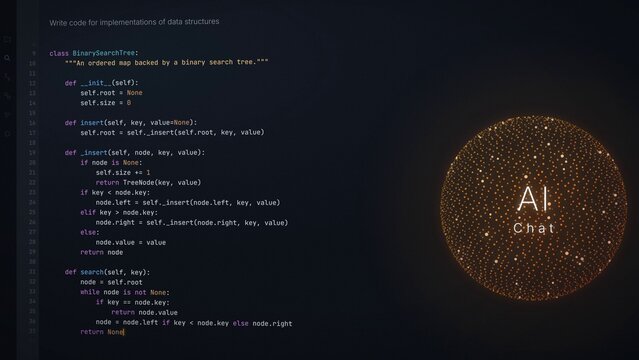 AI chat platform with code editor and glowing orange sphere