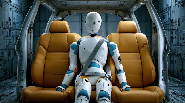 Realistic Robot Sitting in Car Seat with Safety Belt Fastened in Modern Interior Environment