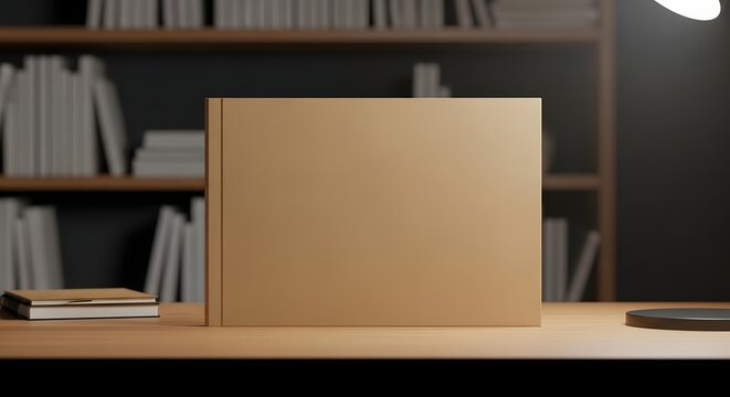 Blank Cardboard Book Cover on a Wooden Desk with Bookshelf Background.