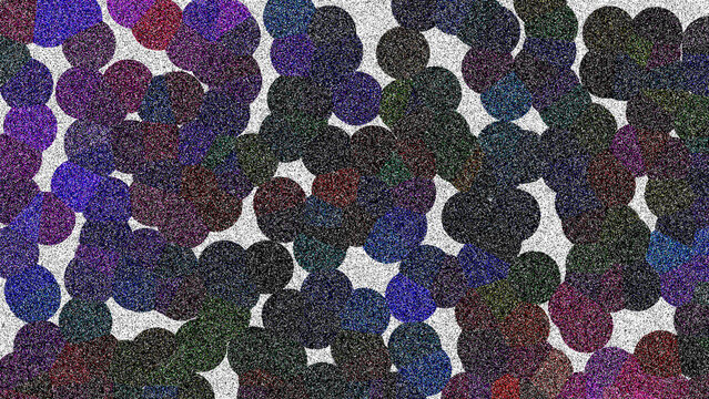 Abstract background with repeating black circle shapes and colorful pixelated squares