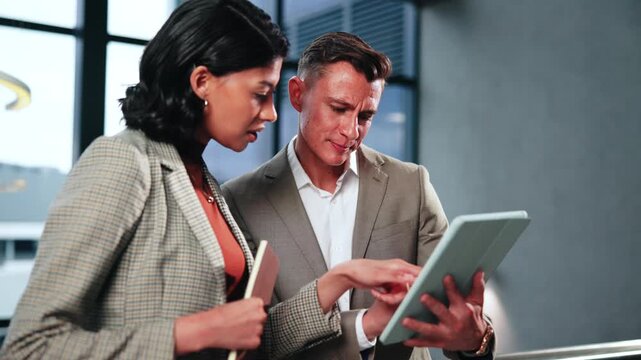 Business, review or team in office with tablet, budget outlook or growth plan in finance feedback. People, digital or wealth advisor with tech, forecast discussion or collaboration on strategy report