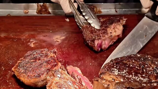 Butcher chef cutting a beef steak on wooden cutting board, BBQ Meat, Buffet Feast Dinner, Meal Preparation, Cooking Technique, Closeup
