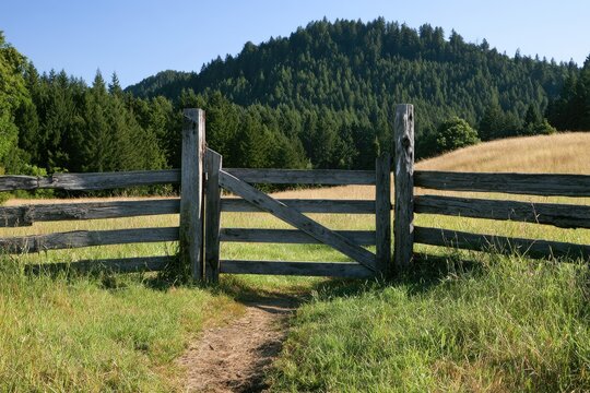 Rustic wooden fence and gate opens to a sun-drenched meadow and forest