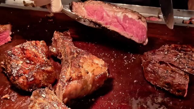 Butcher chef slicing a beef prime ribeye steak on wooden cutting board, BBQ Meat, Buffet Feast Dinner, Meal Preparation, Cooking Technique