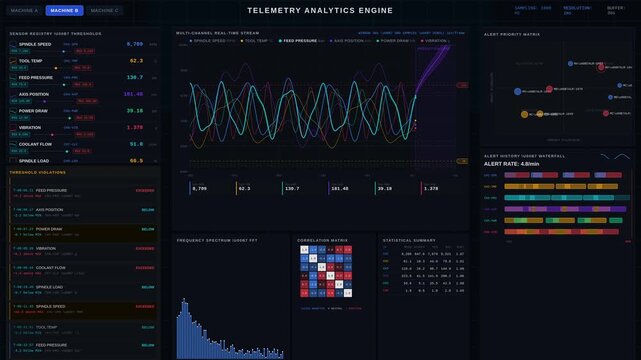 Experience a stunning 4K machine telemetry analytics dashboard showcasing real-time sensor trends and alert thresholds in a sleek dark mode design for advanced data visualization.