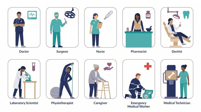 Healthcare professionals flat vector illustration set, diverse medical characters with job titles, isolated clinic workers on white background