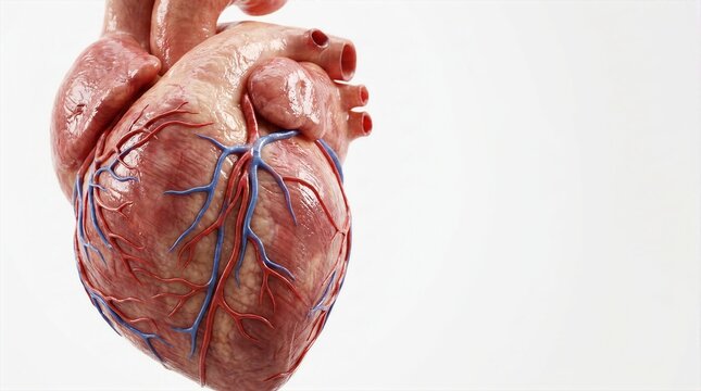 Realistic human heart organ model with coronary vessels on white background
