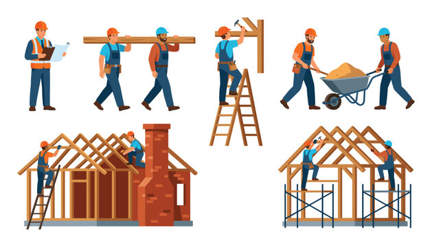 Construction workers building wooden house frame vector character set. Carrying timber planks, wheelbarrow with sand, scaffolding installation, ladder safety and blueprint engineer.