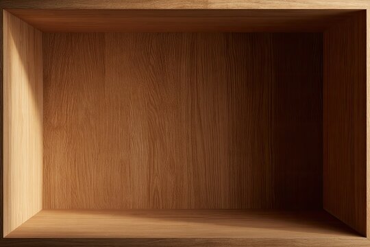 Empty wooden cube with light casting a shadow on one side