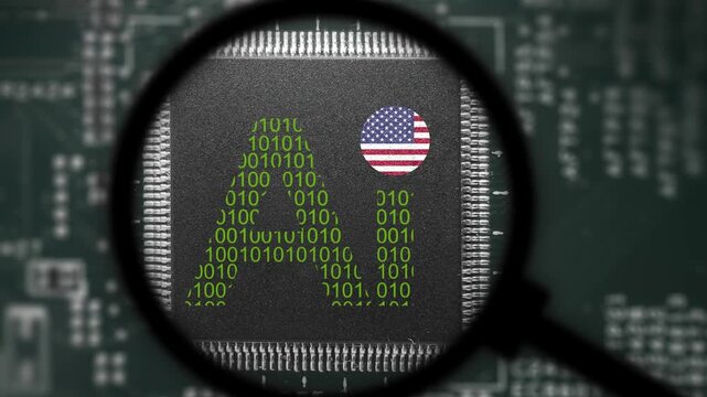 Computer chip with  artificial intelligence sign and US flag. View throught magnifying glass.