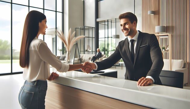 A friendly, engaging scene of a customer service agent greeting a customer with a warm handshake at a modern, sleek reception desk, in a bright, Ai generated image