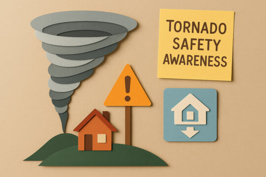 Paper cut tornado funnel cloud approaching small house with warning sign and safety shelter symbol on beige background sticky note reads tornado safety awareness