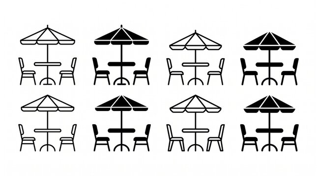 Minimal outdoor cafe furniture icons featuring patio umbrellas, round tables, chairs, bold and outlined variations, clean modern vector line art, isolated on white background.