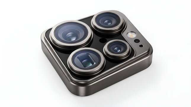 Modern smartphone camera module with multiple lenses isolated on white background.