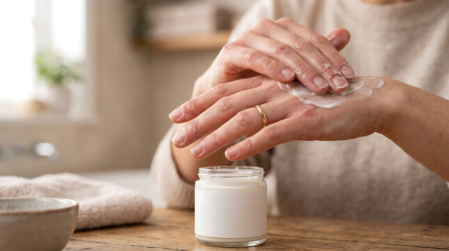 Woman applying moisturizing cream on her hands from a glass jar at a wooden table with hand cream hand care beauty routine daily routine skin cream smooth skin beauty product