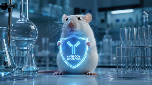 White lab rat holding glowing holographic shield badge with antibody protected text, laboratory glassware, blue light background