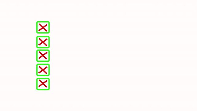 Five bullet point multiple choice checklist presentation boxes with crosses animation on white background. Red wrong incorrect cross square boxes for rejection, evaluation or form completion concepts