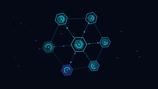 Animated interconnected hexagonal network structure representing decentralized digital communication decentralized system network nodes connected geometry blockchain technology distributed network