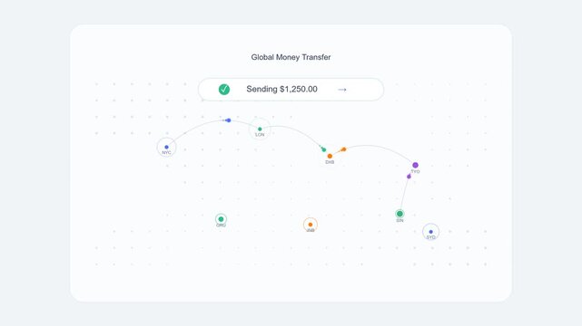 Digital global money transfer interface with financial transaction status global economy digital banking payment system online transfer currency exchange global economy digital banking payment