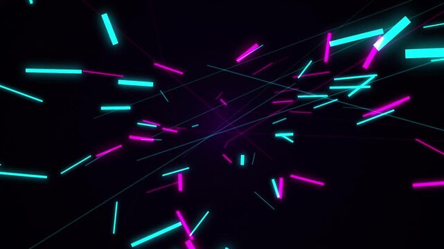 A dynamic abstract backdrop featuring vibrant pink and blue neon glowing dashes moving swiftly through dark space. This futuristic loop is perfect for cyberpunk videos or energetic digital concert vis