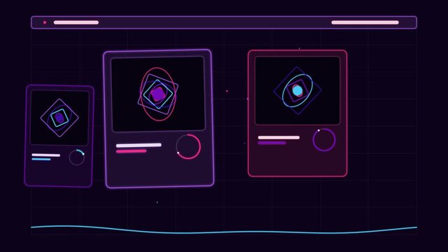 Abstract dashboard interface with glowing neon card widgets digital menu user dashboard UI design app layout software interface digital menu user dashboard UI design app layout software interface