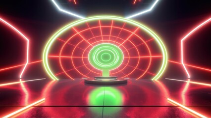 Fototapeta premium Futuristic interior. Neon lights create geometric shapes, glowing lines, dark background. Reflective floor enhances visual impact.