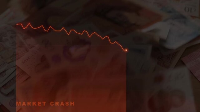 An animation of a sharply declining red graph and the text "market crash" against a background of stacked British pound sterling banknotes, illustrating a financial crisis.