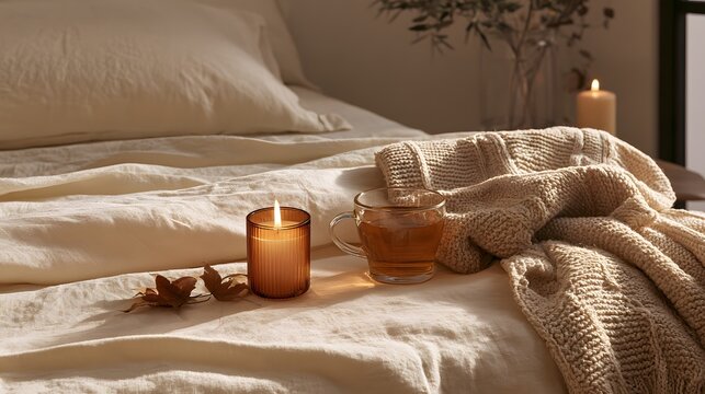 Cozy autumn morning in bed with hot tea, burning candle, and knit blanket
