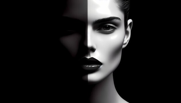 A stark, high-contrast portrait of a woman with sharp, geometric features, her face half-lit and half in shadow, with a single, bold, red lip, Ai generated image