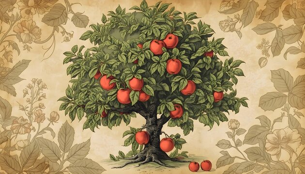  detailed vintage engraving style image of a majestic apple tree with lush green leaves and vibrant red apples, set amidst a botanical background with intricate lines and textures, featuring a