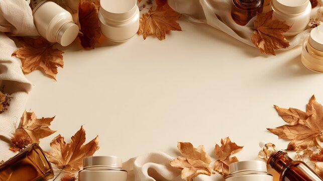 Autumn flat lay with cosmetic products and dry leaves on beige background