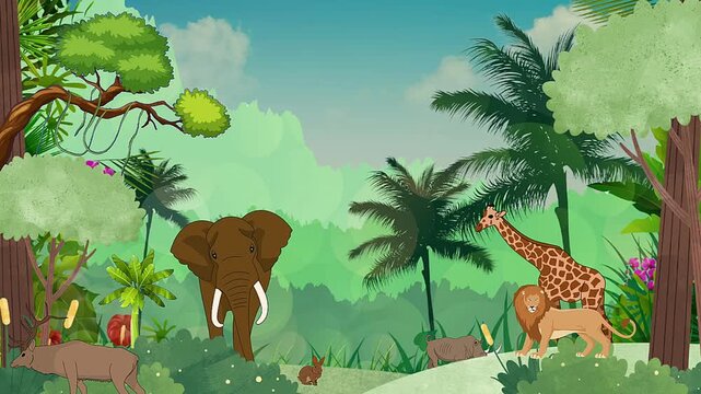 cartoon jungle animal animated, with elephant, giraffe, lion and wild animals animation background composite 4k.