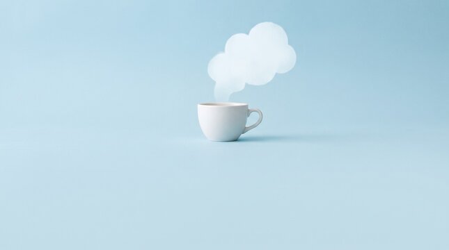 White coffee cup with cloud shaped steam isolated on a soft blue