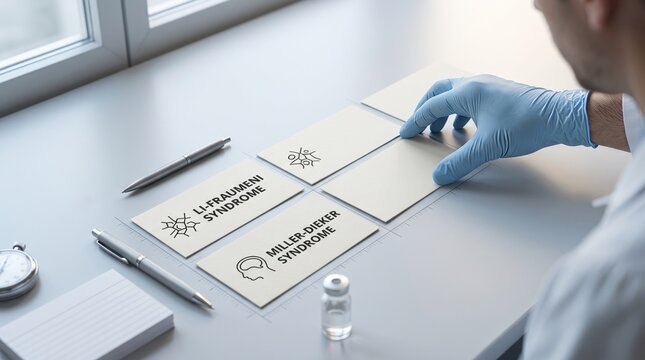 Hand in surgical glove arranging information cards labeled li fraumeni and miller dieker syndromes on laboratory desk