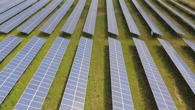 Rows of solar panels stretch across green fields