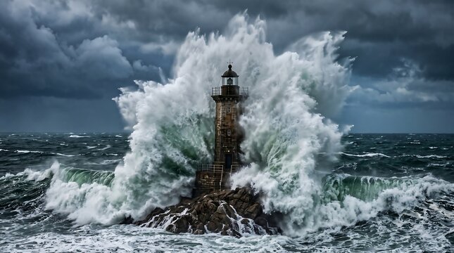 A weathered stone lighthouse stands centered amidst a massive, turbulent ocean wave crashing over dark jagged rocks under a dramatic, heavy storm-cloud sky.