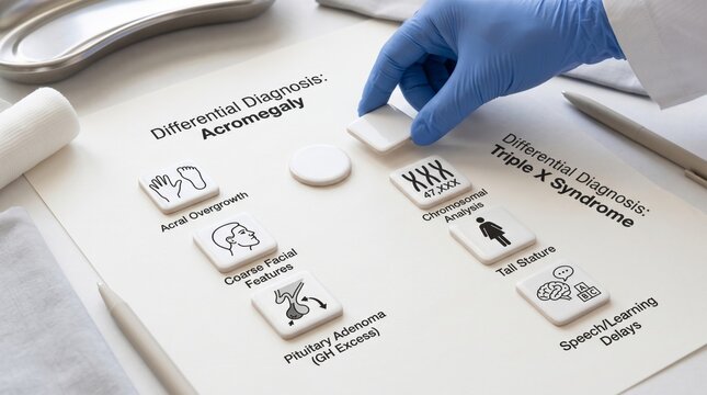 Differential diagnosis of Acromegaly versus Triple X syndrome with clinical symptom icons and markers