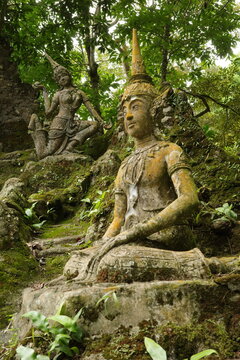 Ancient moss covered statues in a lush green jungle