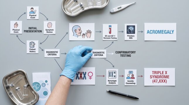 Medical flow chart for Acromegaly and Triple X syndrome diagnosis with gloved hand placing cards
