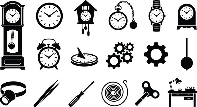 Clock and Timekeeping Icon Collection with Watches, Clocks, Gears, Compass, Stopwatch and Vintage Mechanisms