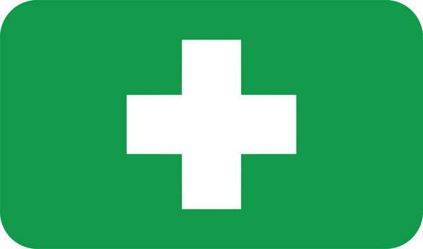 Green rectangle with white cross symbol representing first aid and medical care. Medical plus icon vector illustration. Add plus sign and symbol.