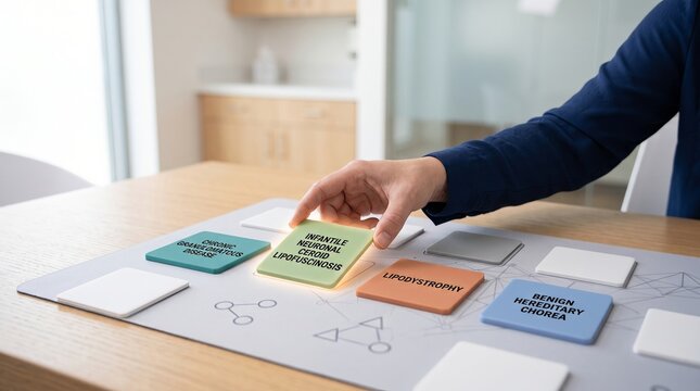 A person is selecting a green square tile labeled infantile neuronal ceroid lipofuscinosis on a wooden table with other disease tiles and neural network graphics