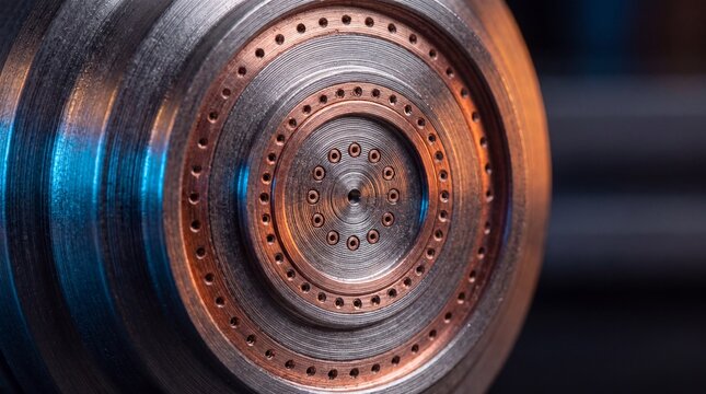 Close up of rocket engine injector head with precision holes