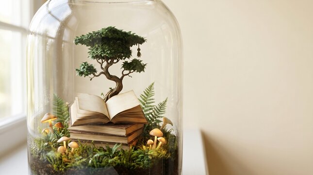 Glass terrarium with open books and tree growing from blank pages, education and learning concept