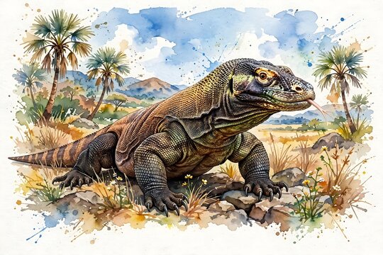 Watercolor Komodo Dragon Varanus komodoensis in Savanna Habitat
