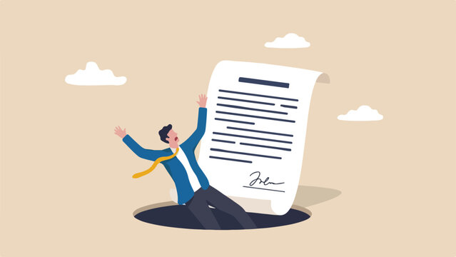 Contract loophole hidden trap bad agreement fine print concept shocked businessman falling into trapdoor hidden under giant signed paper contract clean minimal flat vector illustration
